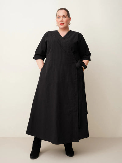 Seersucker Wrap Dress, Black
