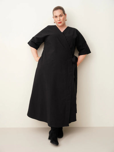 Seersucker Wrap Dress, Black