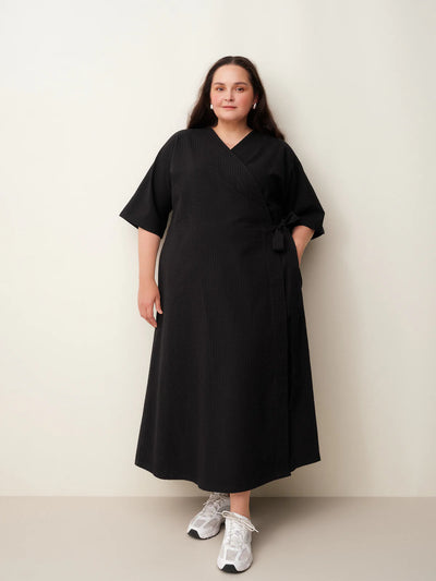 Seersucker Wrap Dress, Black