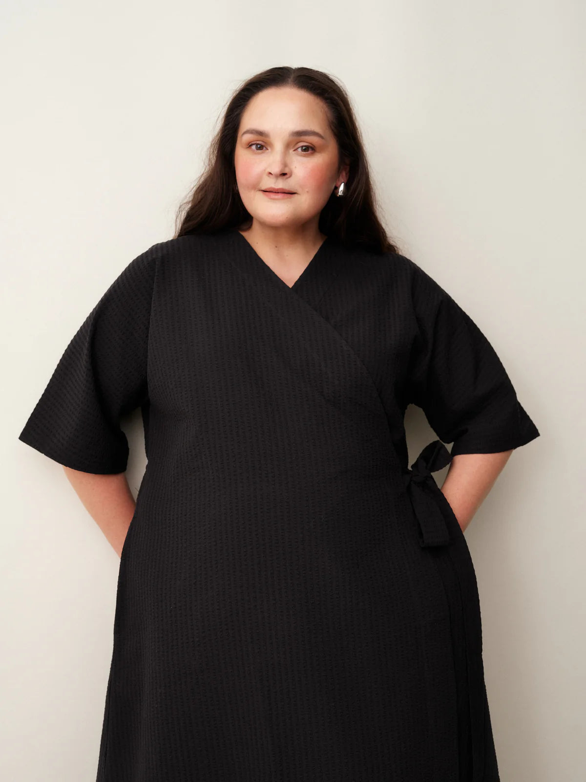 Seersucker Wrap Dress, Black
