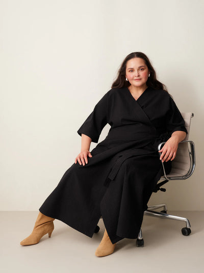 Seersucker Wrap Dress, Black