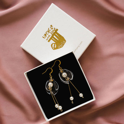 Upcycled Clear Lily Double-Drop Earrings, Gold