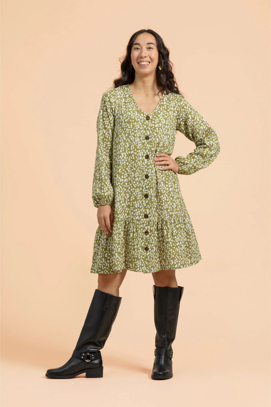 Ruffle Button Dress, Flora Olive
