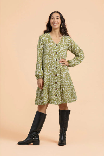 Ruffle Button Dress, Flora Olive