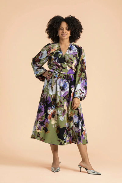 Wrap Midi Dress, Olive Anemone