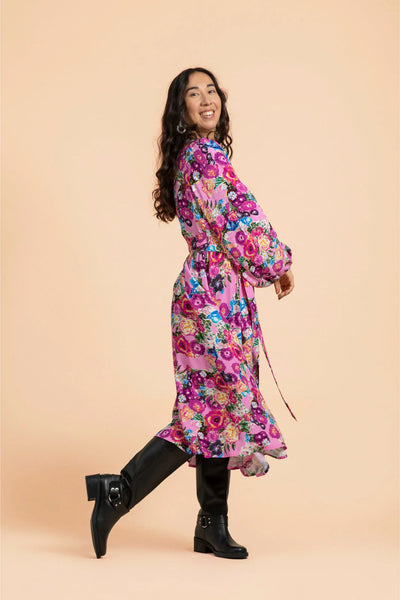 Wrap Midi Dress, Pink Marigold
