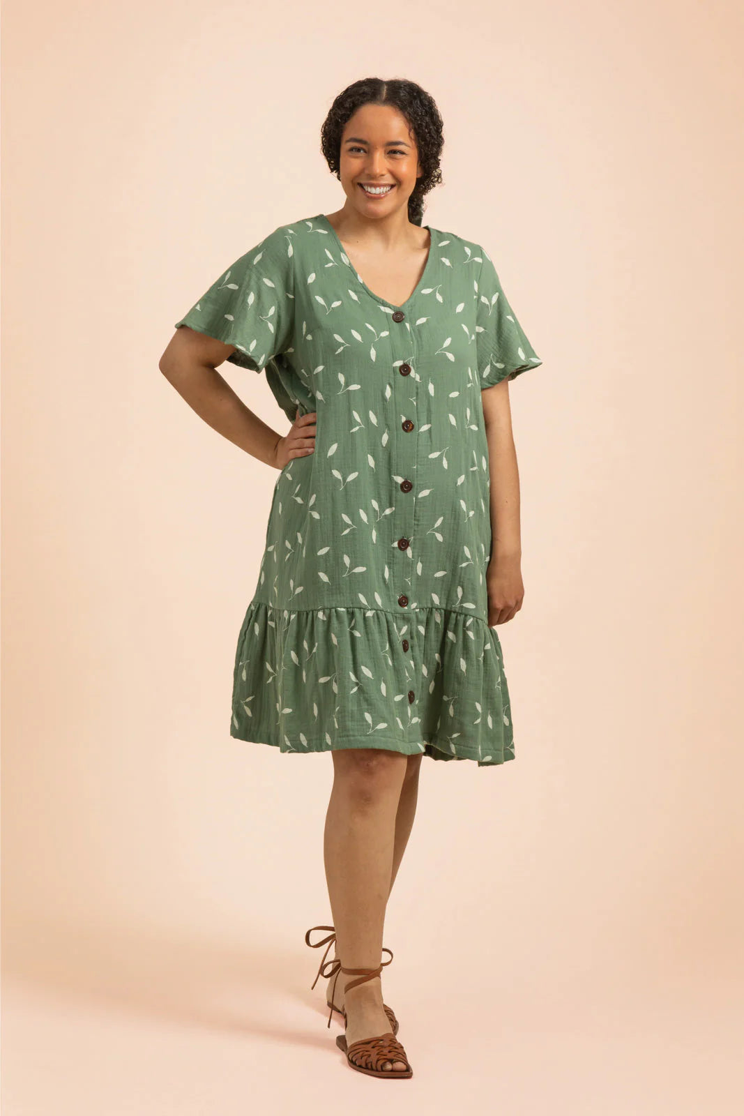 Frill Button Dress, Sage Wind