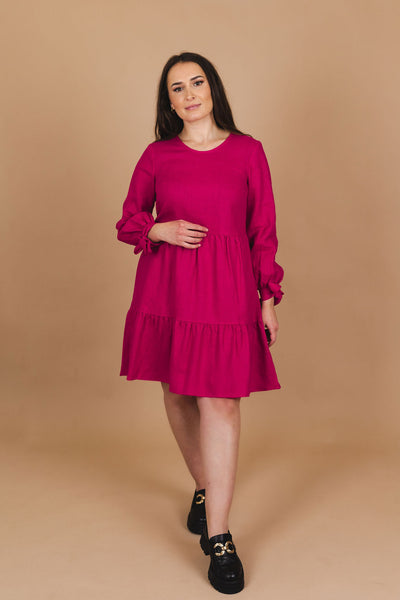 Hailey Dress Linen, Pink Peacock