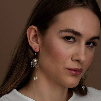 Upcycled Clear Lily Double-Drop Earrings, Gold