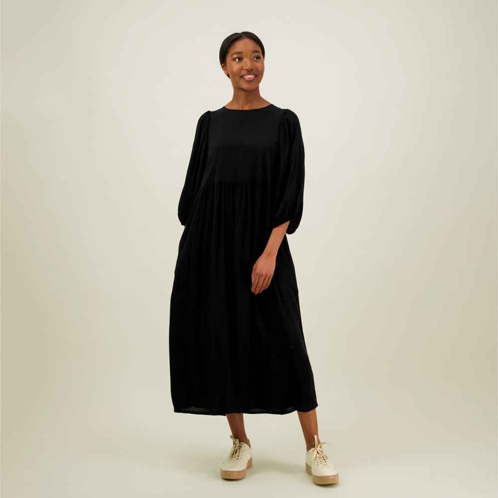 Volume Sleeve Midi Dress, Licorice