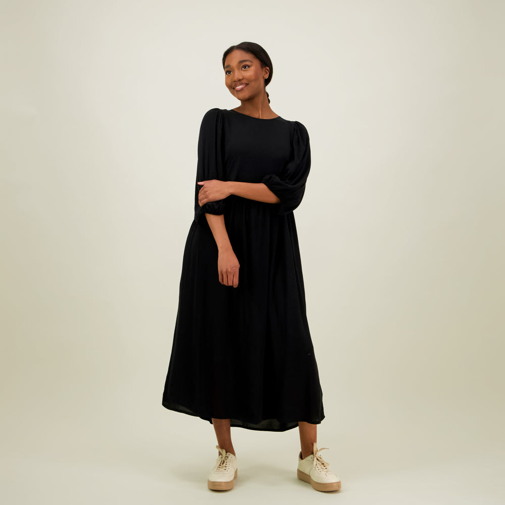 Volume Sleeve Midi Dress, Licorice