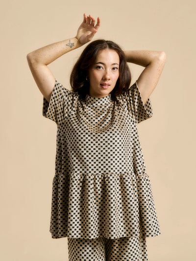 Vanda Peplum Shirt, Almond Chess