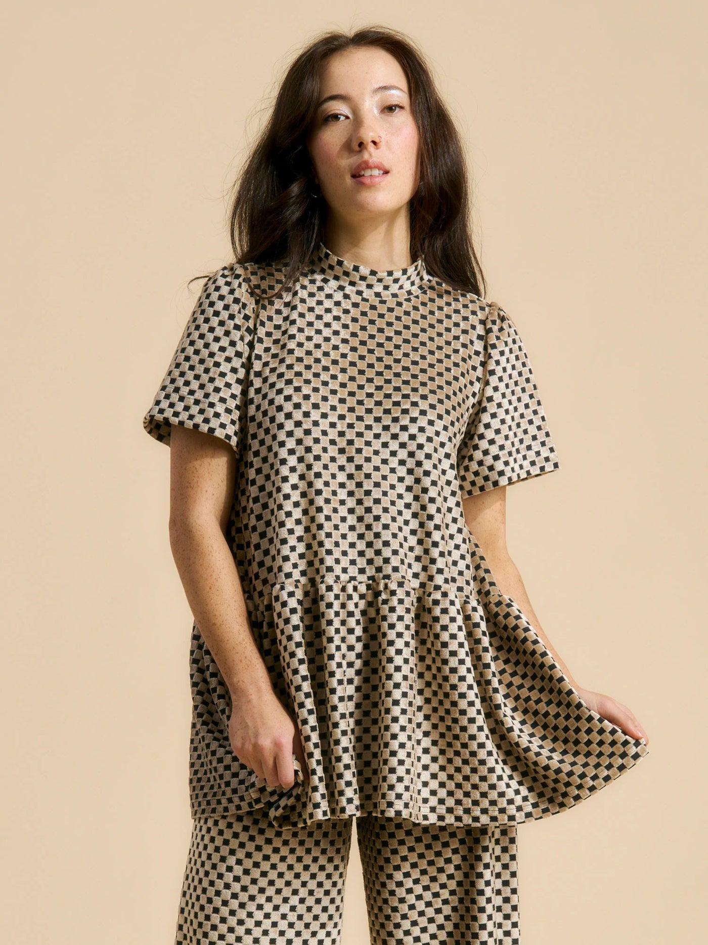 Vanda Peplum Shirt, Almond Chess