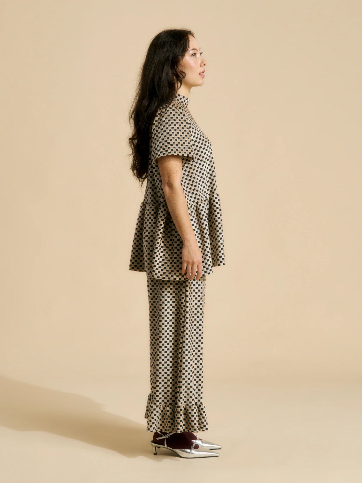 Vanda Peplum Shirt, Almond Chess