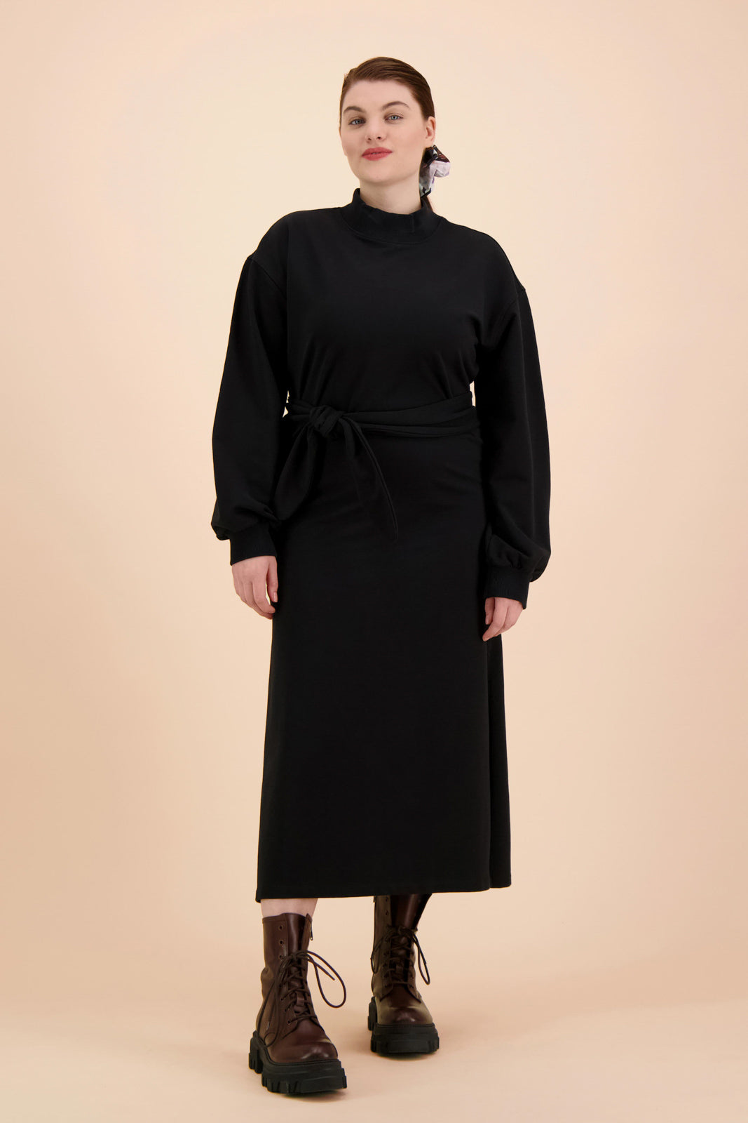 Belted Sweatshirt Dress, Black