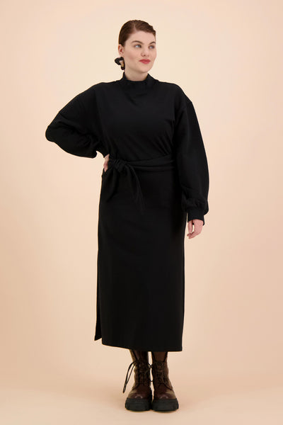 Belted Sweatshirt Dress, Black