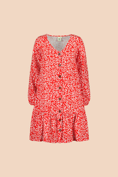 Ruffle Button Dress, Flora Red
