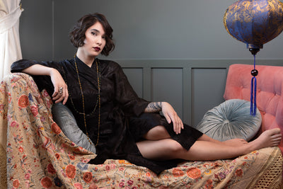 The Muse Wrap Dress, Palm Art Deco Black