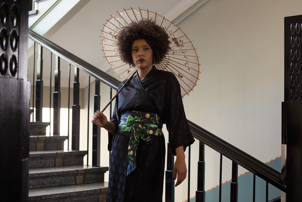 The Muse Wrap Dress, Palm Art Deco Black