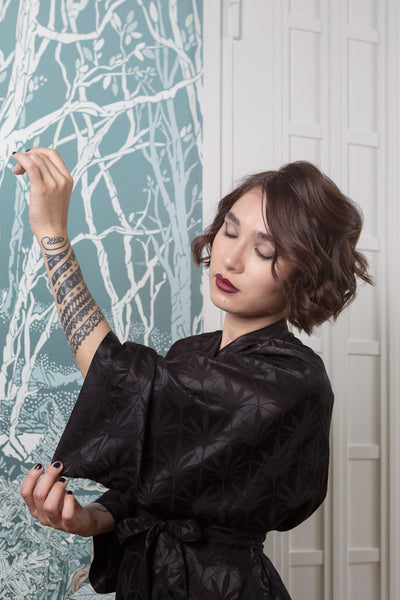 The Muse Wrap Dress, Palm Art Deco Black